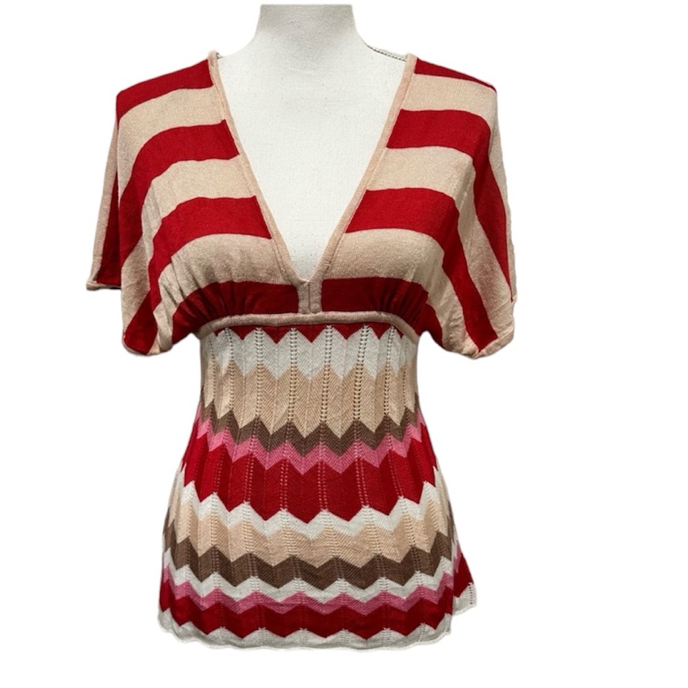 BEBE mixed print stripe & chevron knit sweater top Sz M Pointelle 90s Y2…
